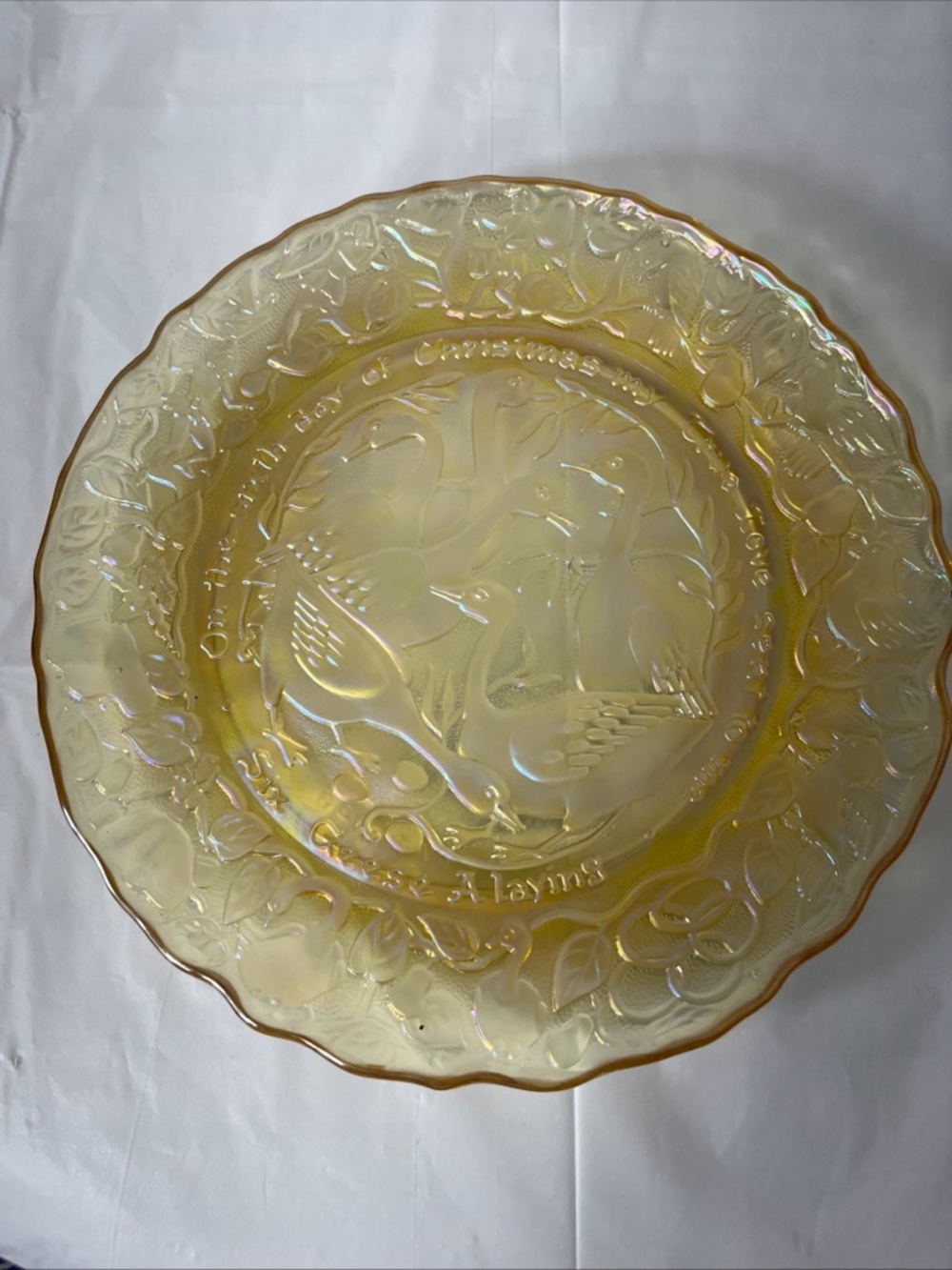 Iridescent Yellow Carnival Glass Decorative Plate - Home Art